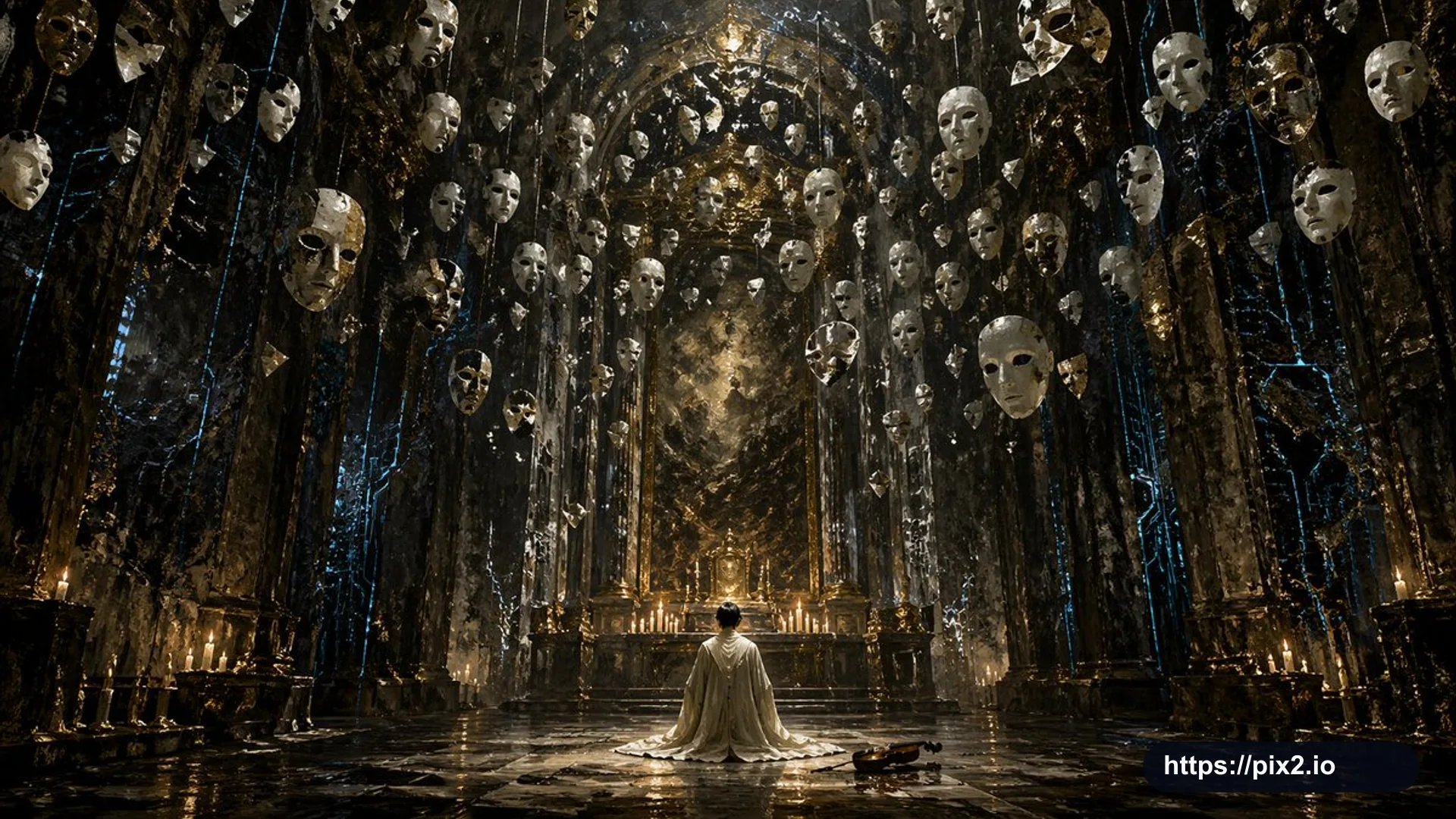Dark Gothic Hall With Floating Masks