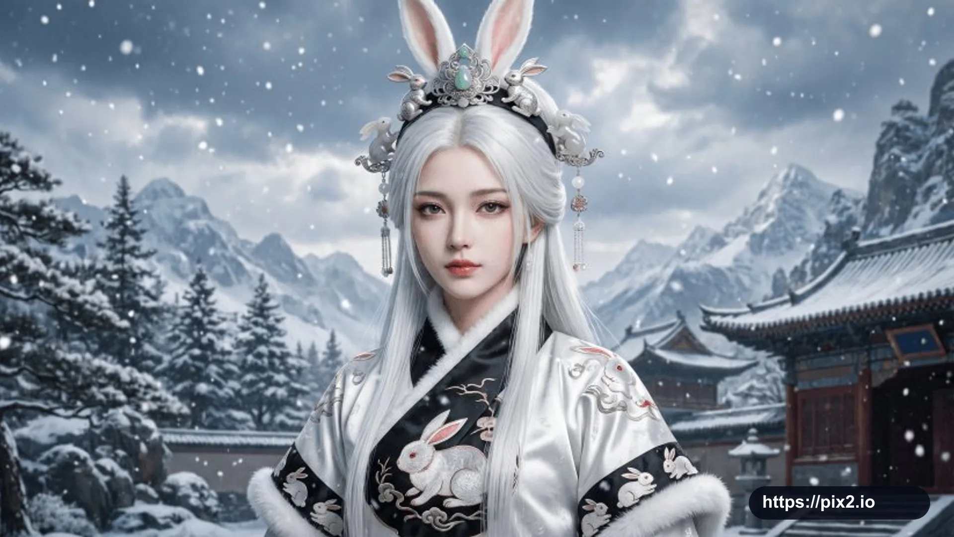 Snow Rabbit Hanfu Temple Portrait