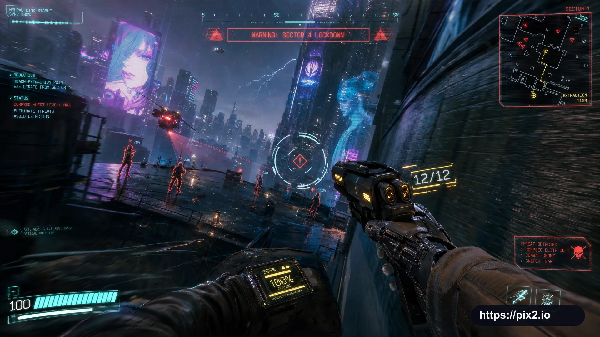 Cyberpunk FPS Smart Pistol POV